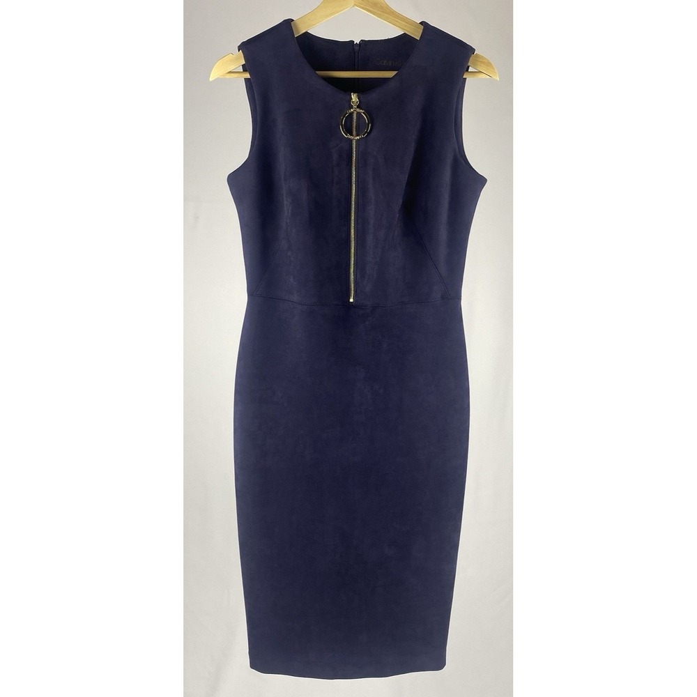 Calvin Klein Sheath Dress Womens 4 Navy Faux Suede Gold Ring Zip Career Classic